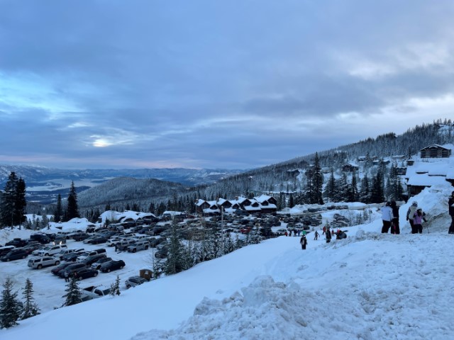 View into a valley in the winter.