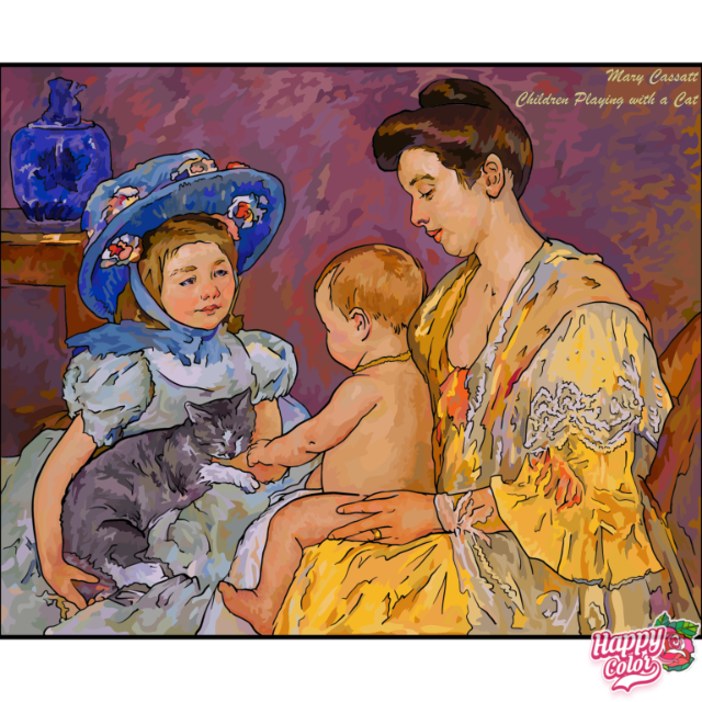 Screenshot from Happy Color of completed picture based on Children Playing with a Cat by Mary Cassat. A young girl with a blue hat pets a grey and white cat sitting in her lap. A woman in a yellow dress with a nude toddler in her lap sits to the right of the girl.