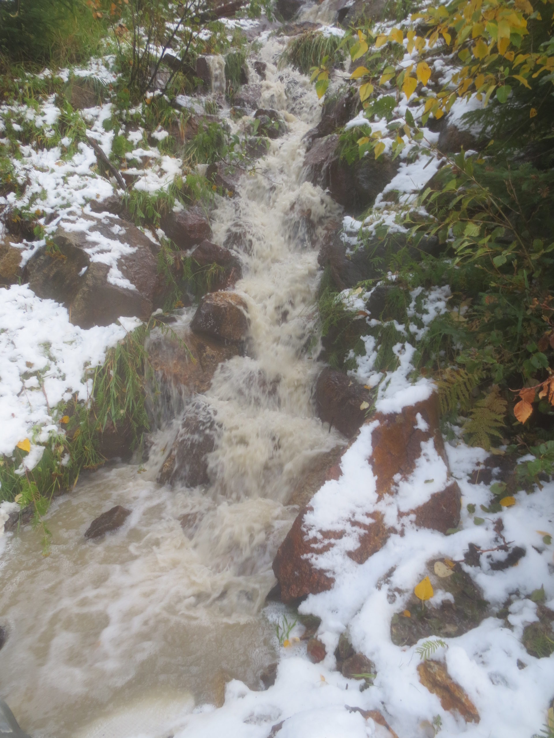 creek running down the side of a hill bank full with snowmelt