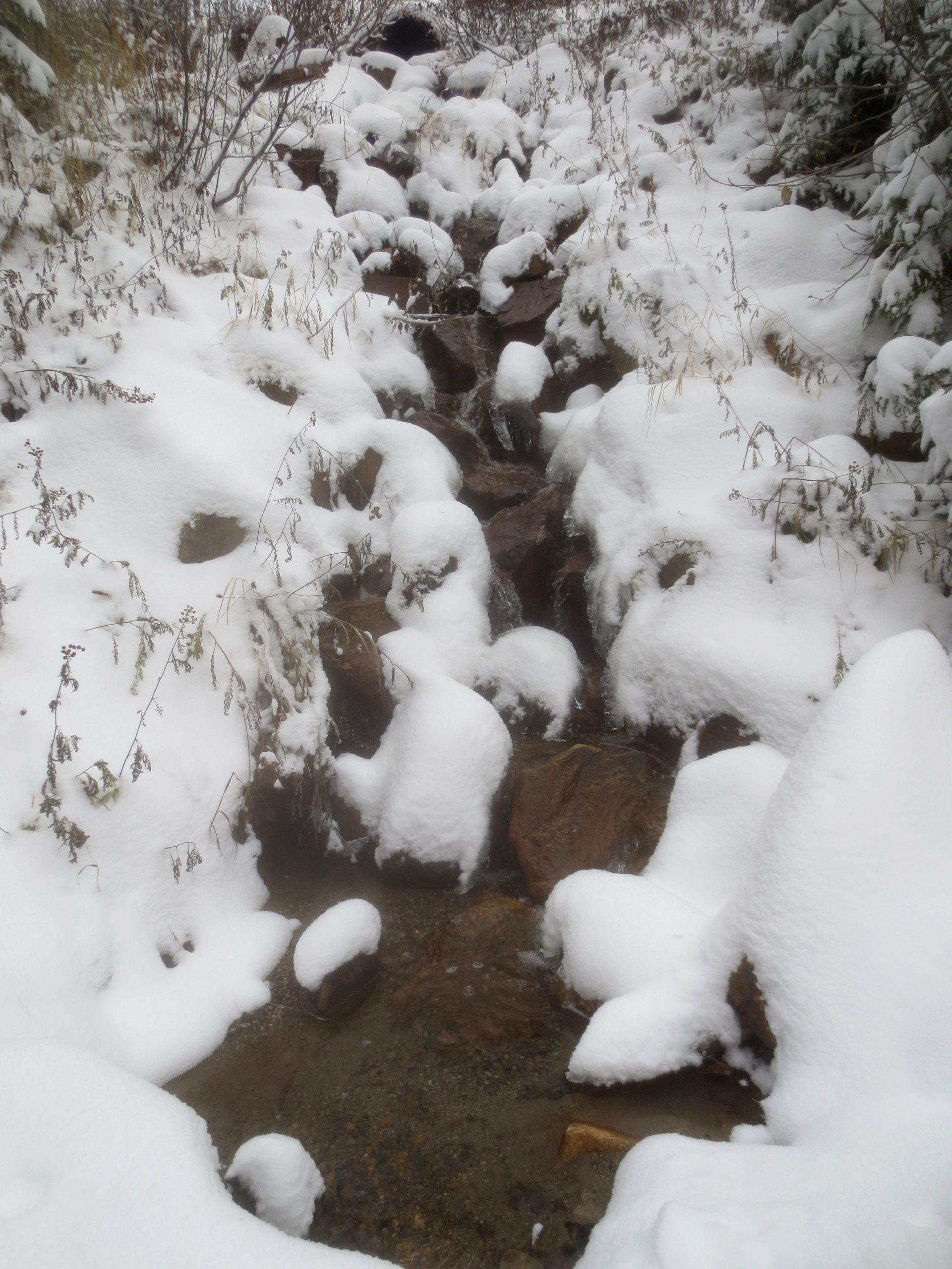 creek running down the side of a hill with snow covered banks and ice forming on rocks