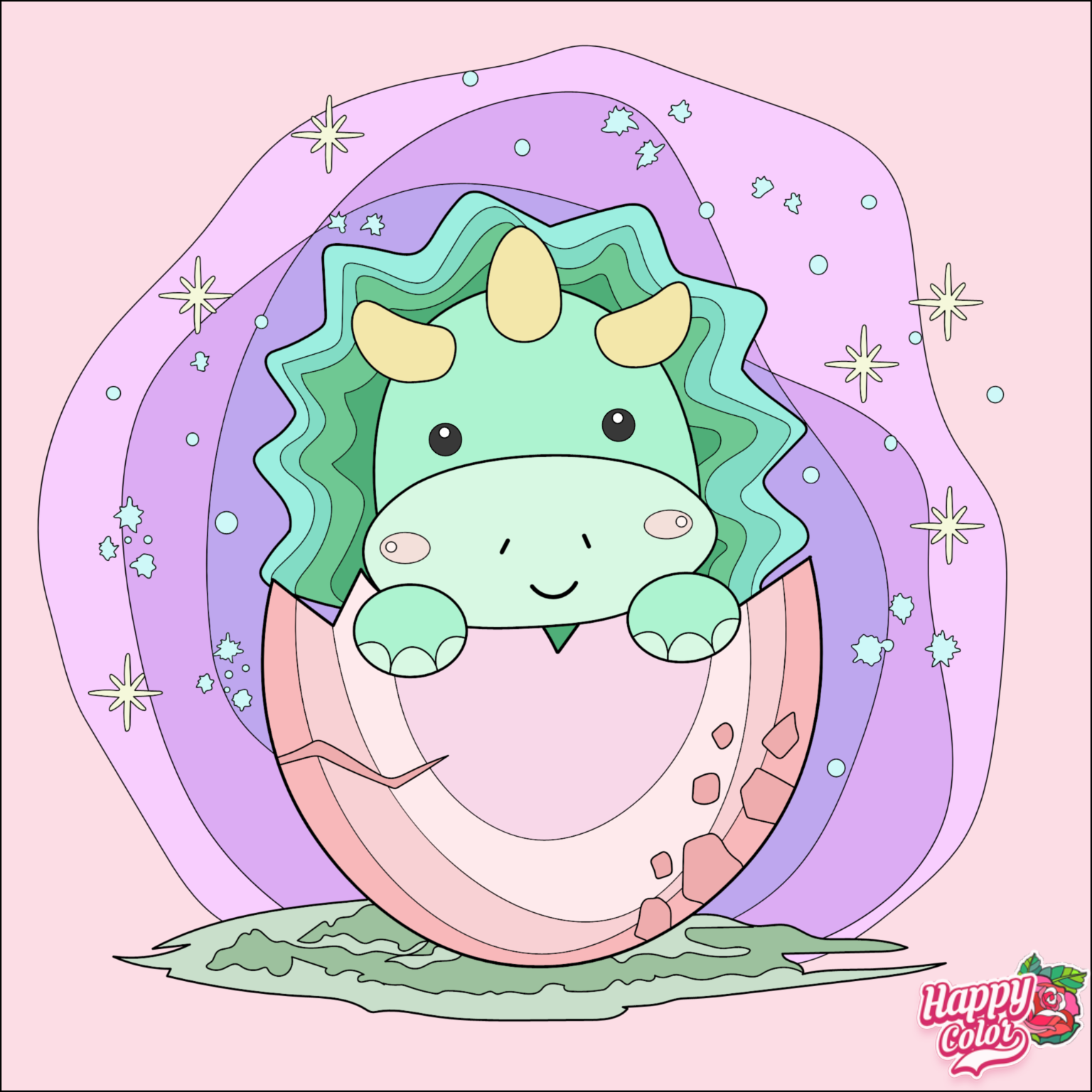 coloring book app image of a baby triceratops hatching from its egg